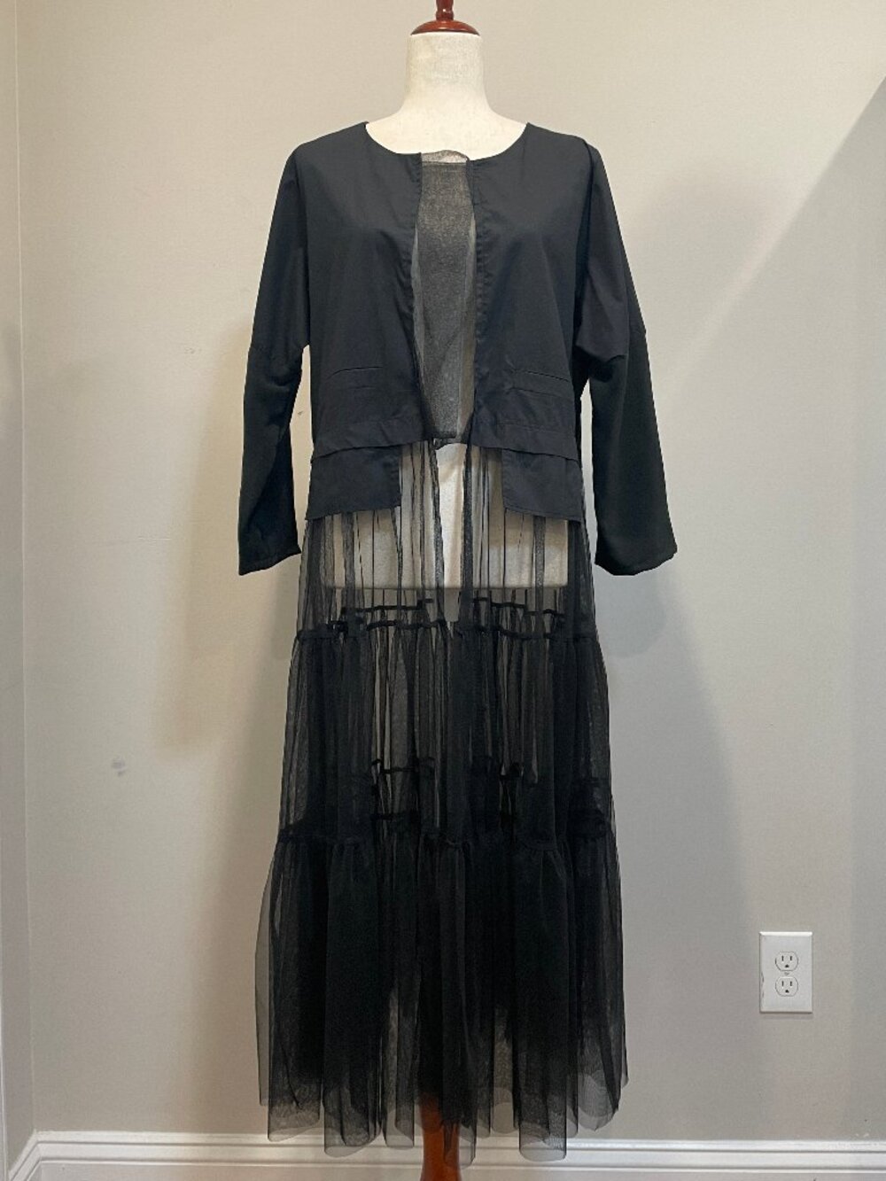 Long Black Cardigan Dress With Tulle Detailing